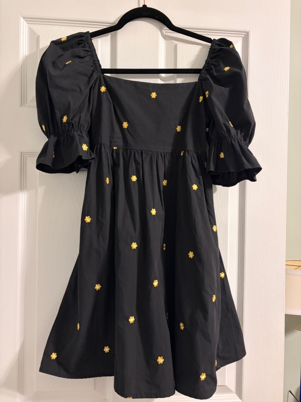 Black Mini Dress with Gold Floral Embroidery
